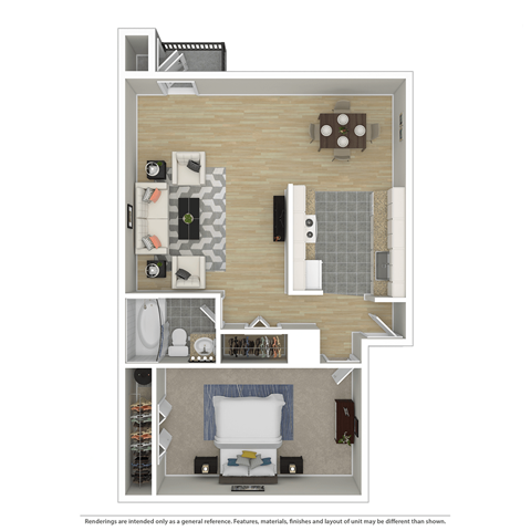 a floor plan of a furnished one bedroom apartment